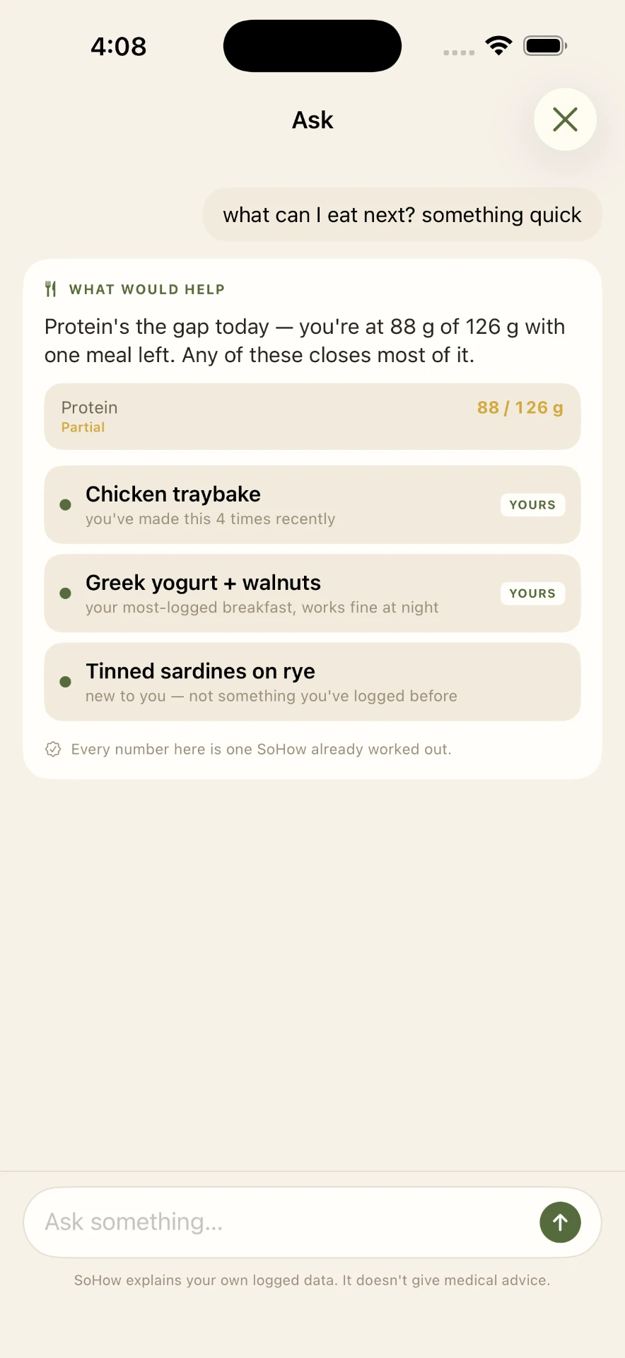 Ask screen suggesting quick meals to close a protein gap