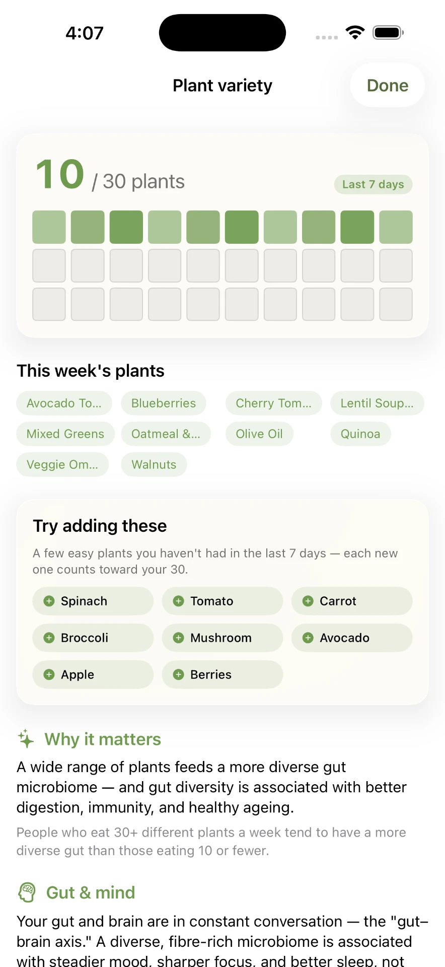 Plant variety screen showing 10 of 30 plants this week