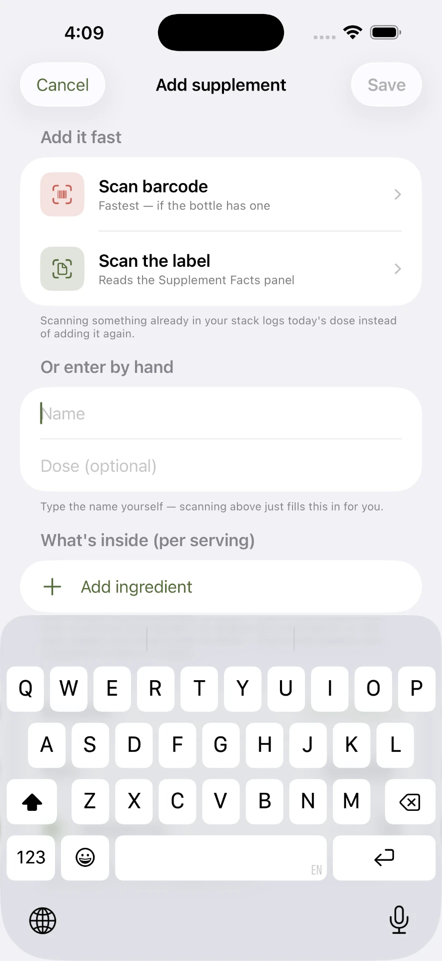 Add supplement screen with barcode and label scanning