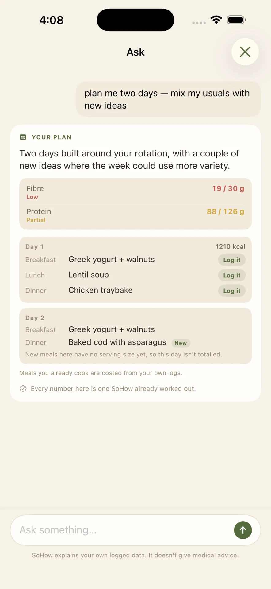 Ask screen showing a two-day plan built from your own meals