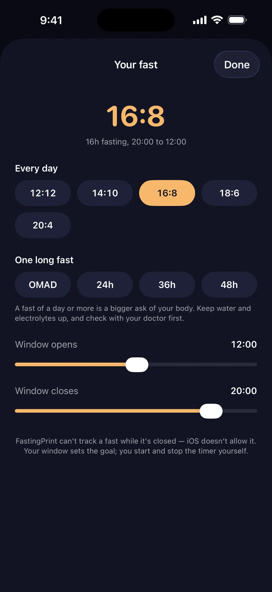 Choosing a 16:8 fast and eating window in FastingPrint