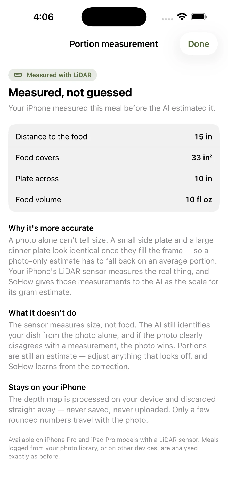 Portion measurement screen showing distance, area and volume
