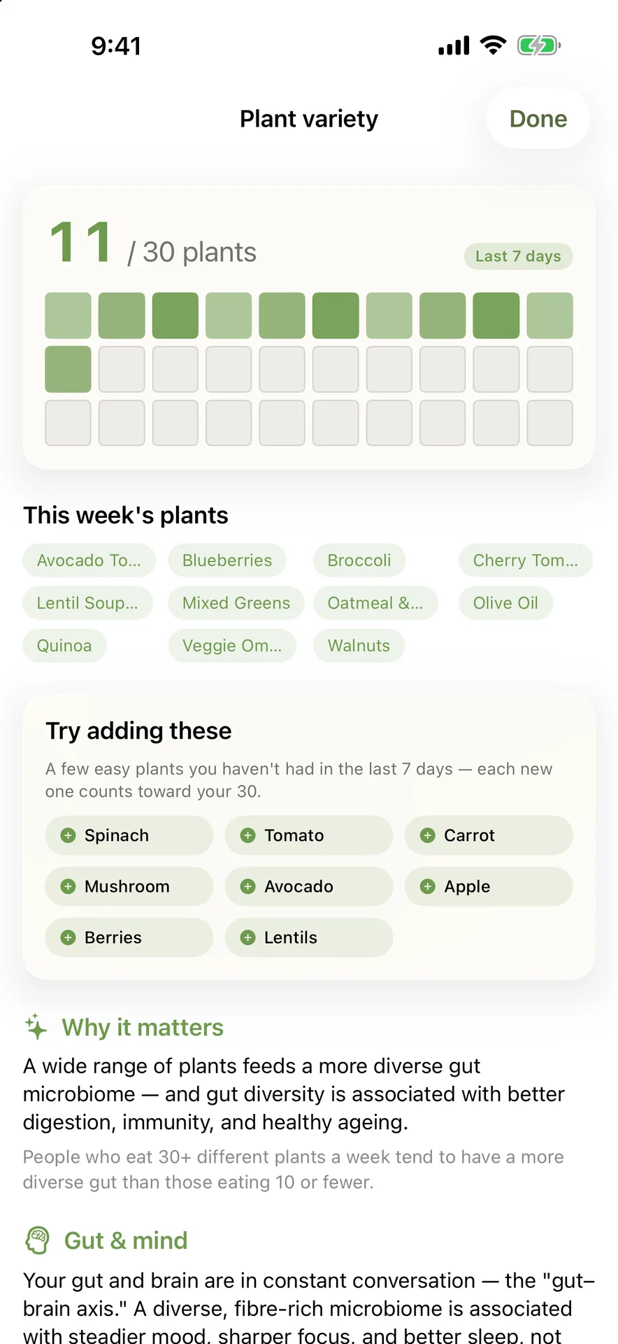 Plant variety screen showing 11 of 30 plants this week