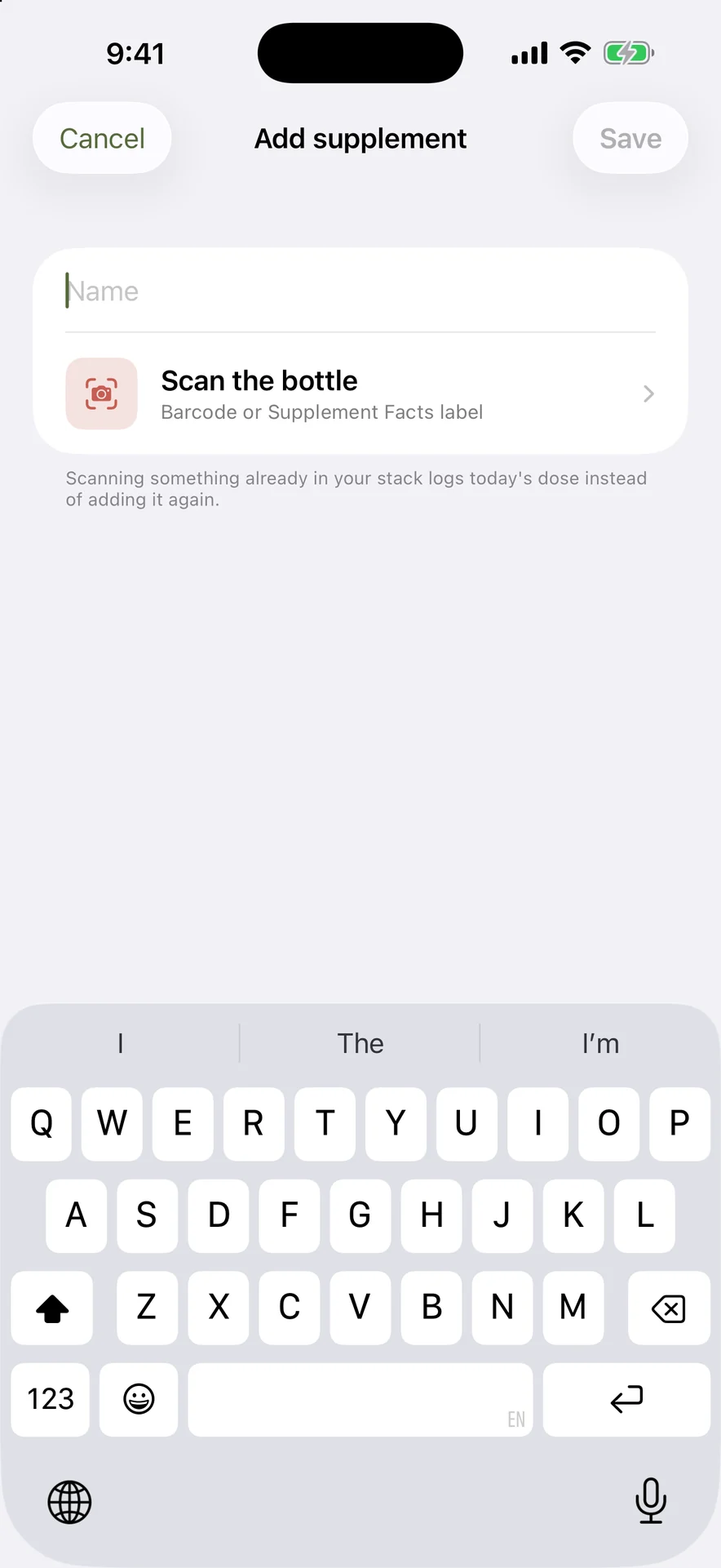 Add supplement screen with a single Scan the bottle option for barcode or label