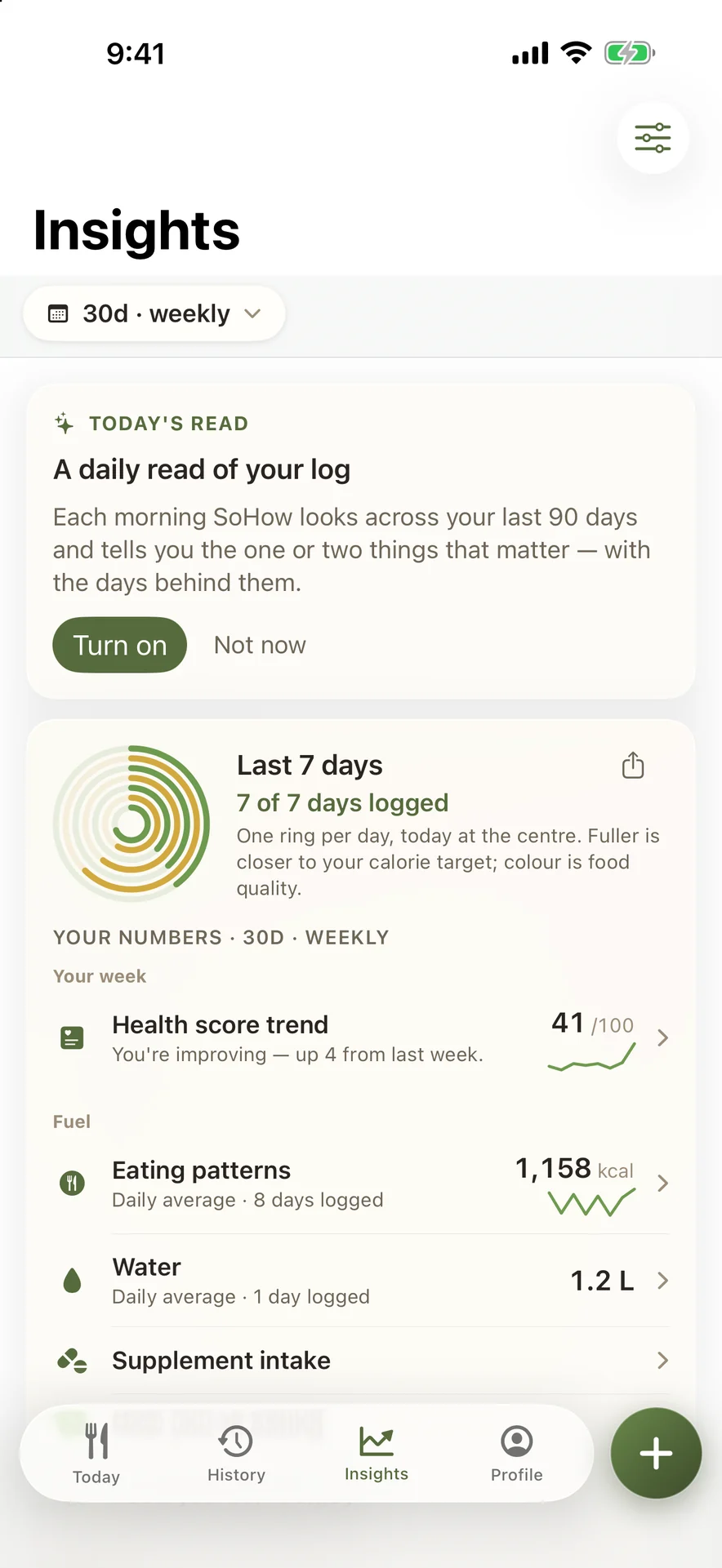 Insights: a daily read of your log and your 7-day rings