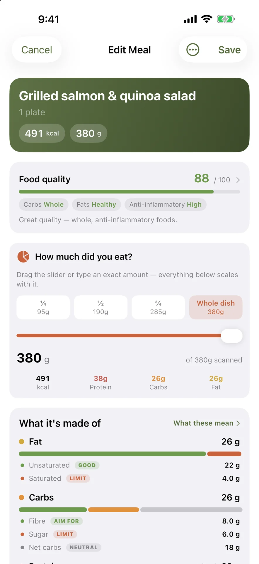 Edit Meal screen showing a food quality score of 88 out of 100