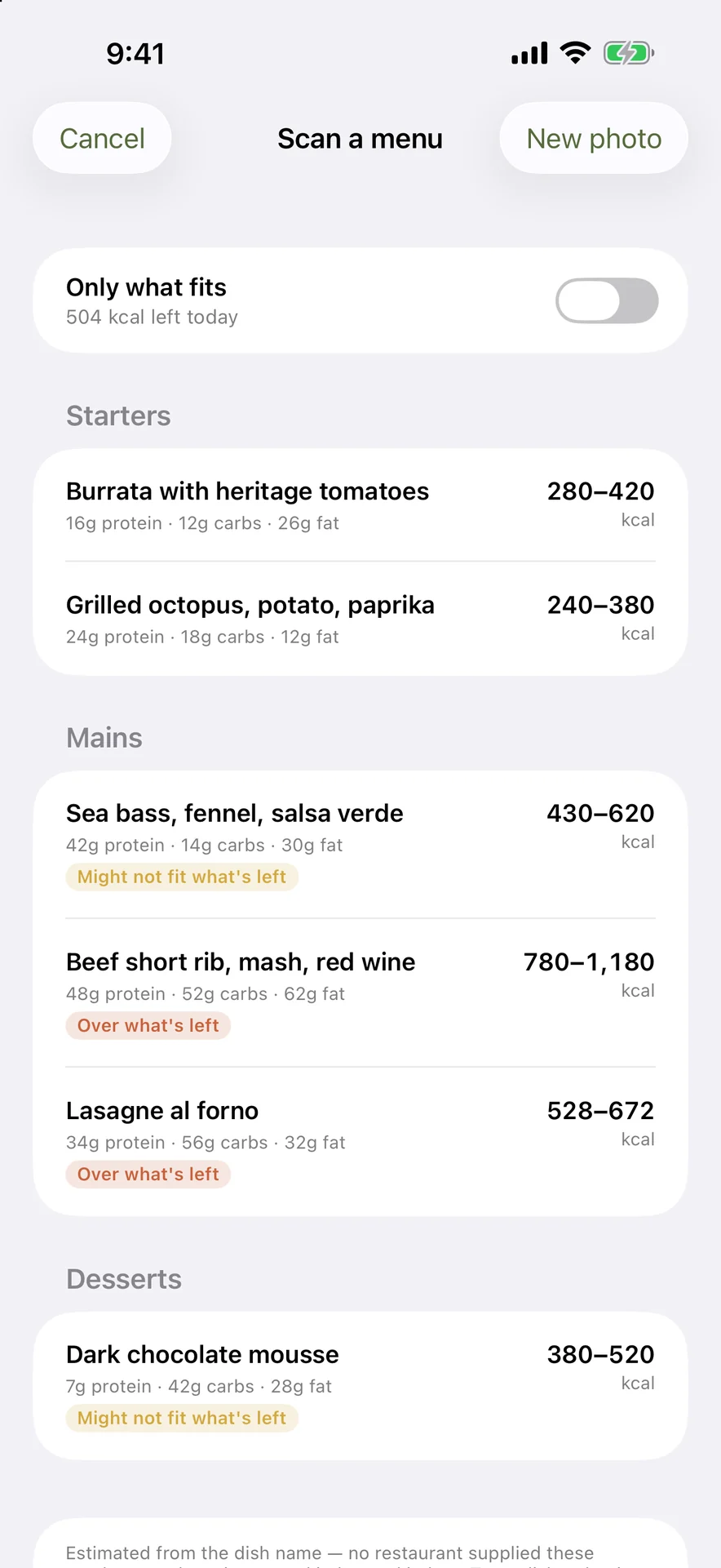 Scan a menu screen showing calorie ranges per dish