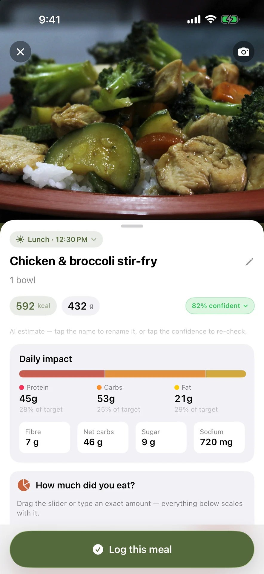 A photographed chicken and broccoli stir-fry with its calories, macros and daily impact